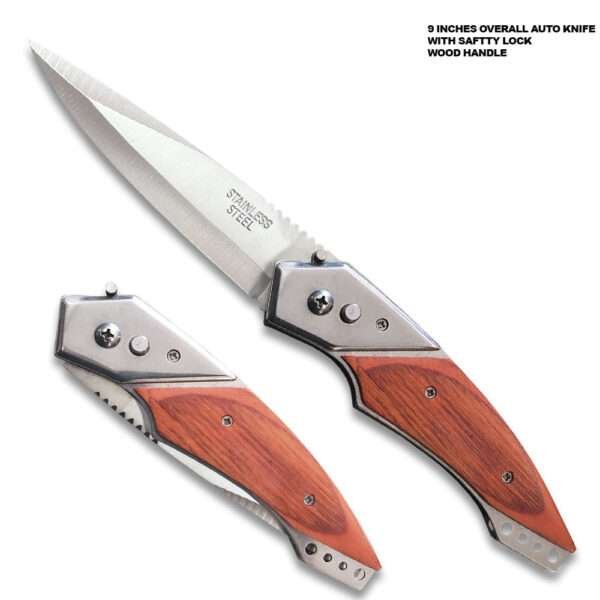 Auto Push Button 9 Inches Wood Handle Pocket Knife w/ Sheath Other Brands Gladewater Knife