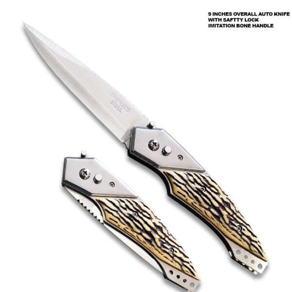 Auto Push Button 9 Inches Imitation bone Handle Pocket Knife w/ Sheath Other Brands Gladewater Knife