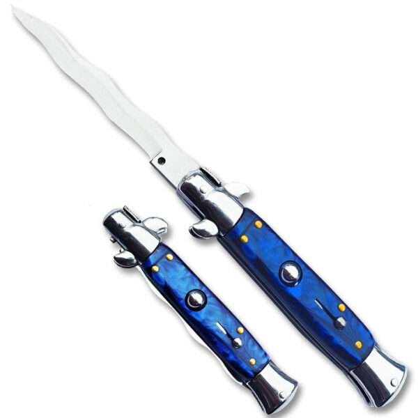 Anomaly Stiletto Blue Automatic Knife – Kris Satin Plain 9.5″ Other Brands Gladewater Knife