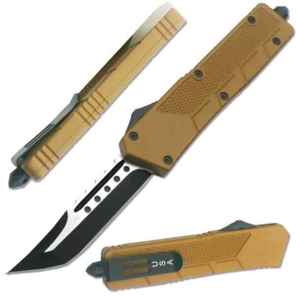 LOTF201BR – Full Size Brown OTF Tanto Pt with Glass Breaker Other Brands Gladewater Knife